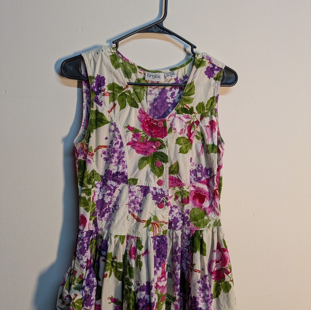 Vintage Early 90s White Pink Purple Floral Dress, Size M - Picture 4 of 13